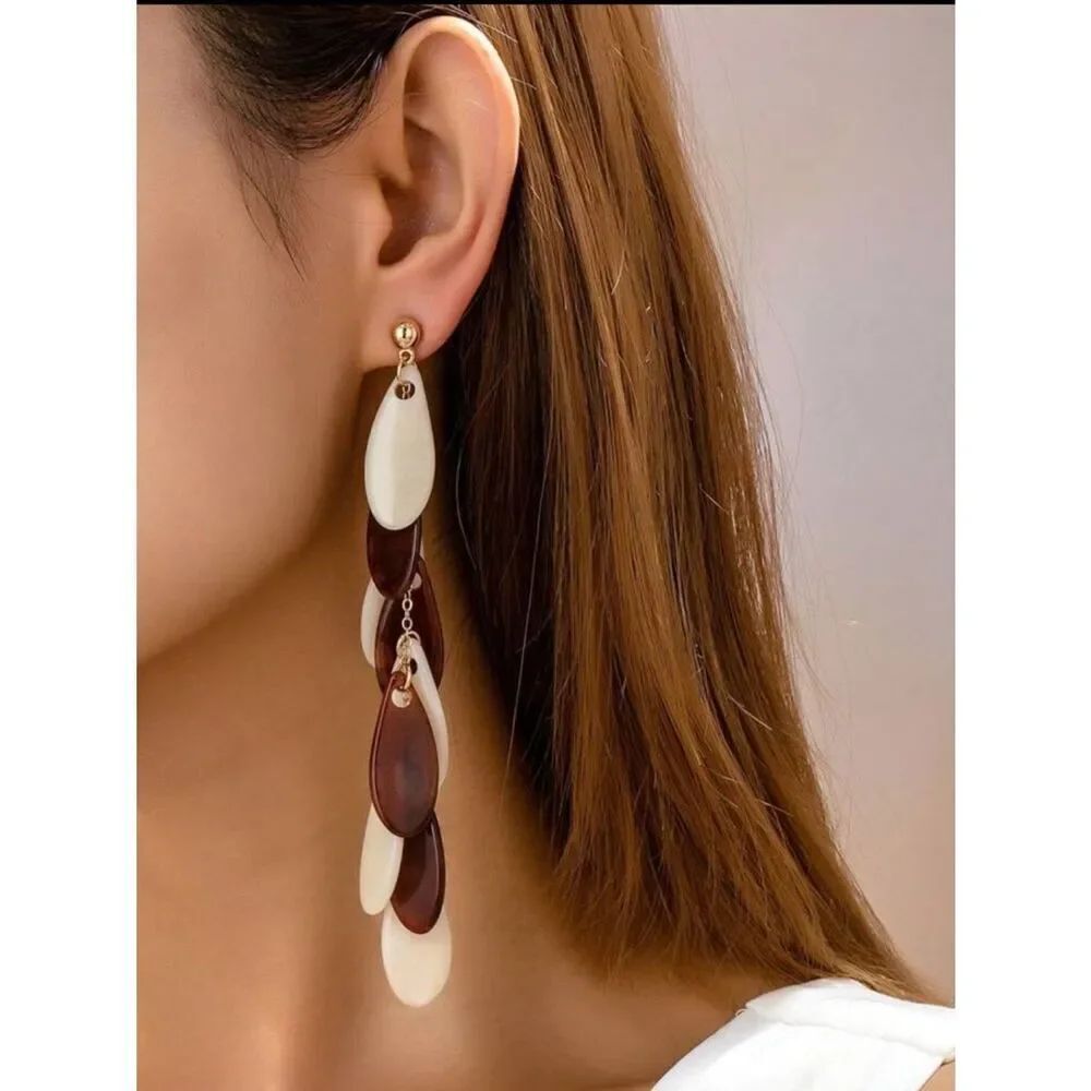 Gold Drop Earrings with Cream and Brown Shell Teardrops R 439